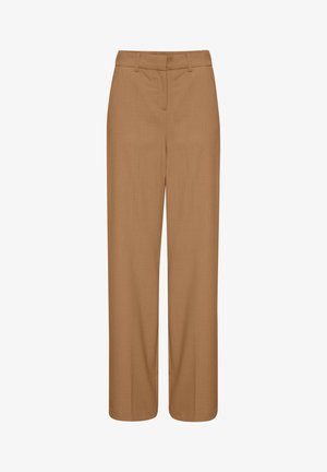 Elegáns, világosbarna anyagú, széles lábú nadrág. Lapított elülső rész, cipzárral és kapoccsal záródik. Simább textúra, látható minták nélkül.