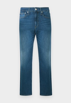 Modré riflové džínsy s rovnými nohavicami, piatimi vreckami, pútkami na opasok a zapínaním na gombík v páse.