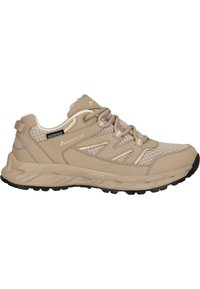 Chaussure de randonnée imperméable beige avec des panneaux en maille, une surface texturée et une semelle en caoutchouc dotée d'un motif de traction. Design à lacets avec une languette à l'arrière.