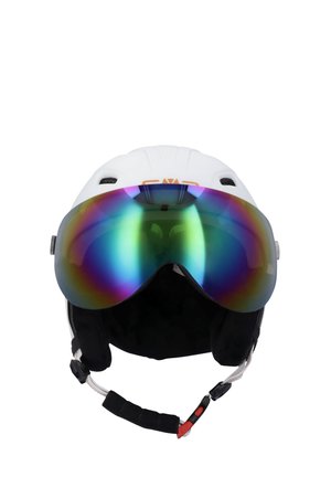 Hvid skihjelm med en stor, reflekterende regnbuevisir, sort polstring indeni, justerbar hage-rem og ventilationshuller.