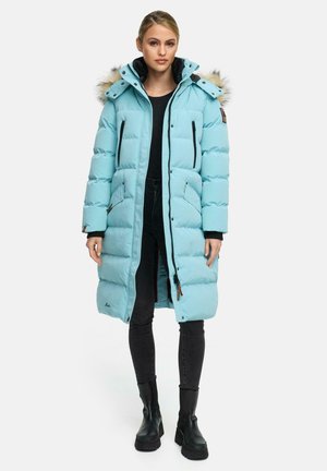 Gevoerde parka in lichtblauw met een met bont gevoerde capuchon, ritszakken en zwarte accenten. Heeft een lange snit en is gemaakt van een glad materiaal.