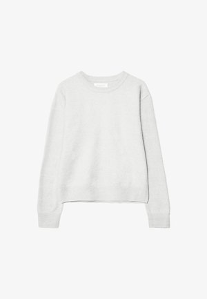 Maglione a maniche lunghe grigio chiaro con colletto a giro e polsini e fondo a costine, realizzato in morbido tessuto a maglia, esposto su sfondo bianco.