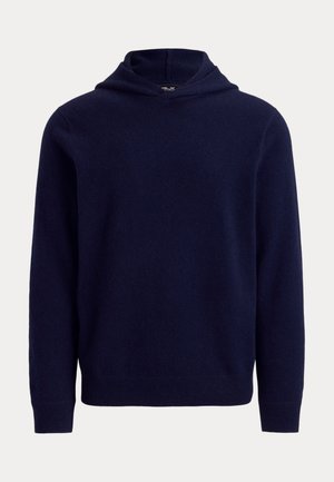 Pull à capuche bleu marine foncé à manches longues avec poignets et ourlet côtelés, présenté sur un fond clair uni.