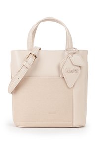Borsa tote beige con tasca frontale in tessuto, manici in pelle, tracolla regolabile e due etichette in pelle, una delle quali è impresso con "RENEW VITA."