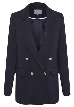 Marineblauer doppelreihiger Blazer aus glattem Stoff mit goldenen Knöpfen, mit Revers und zwei vorderen Taschen.