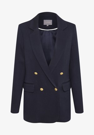 Navy double-breasted blazer made of smooth fabric with gold buttons, notched lapels, and two front pockets.