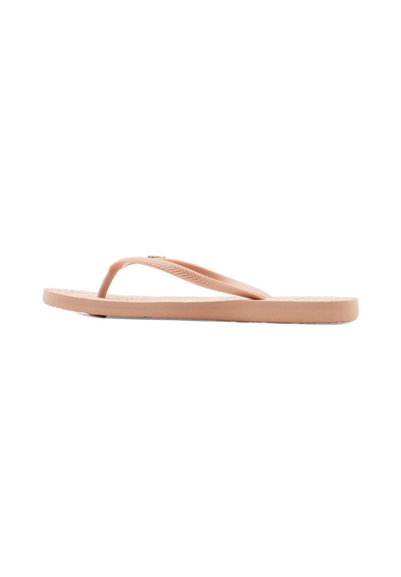 Single light brown rubber flip-flop sandal with textured sole and chevron-patterned straps on a white background.