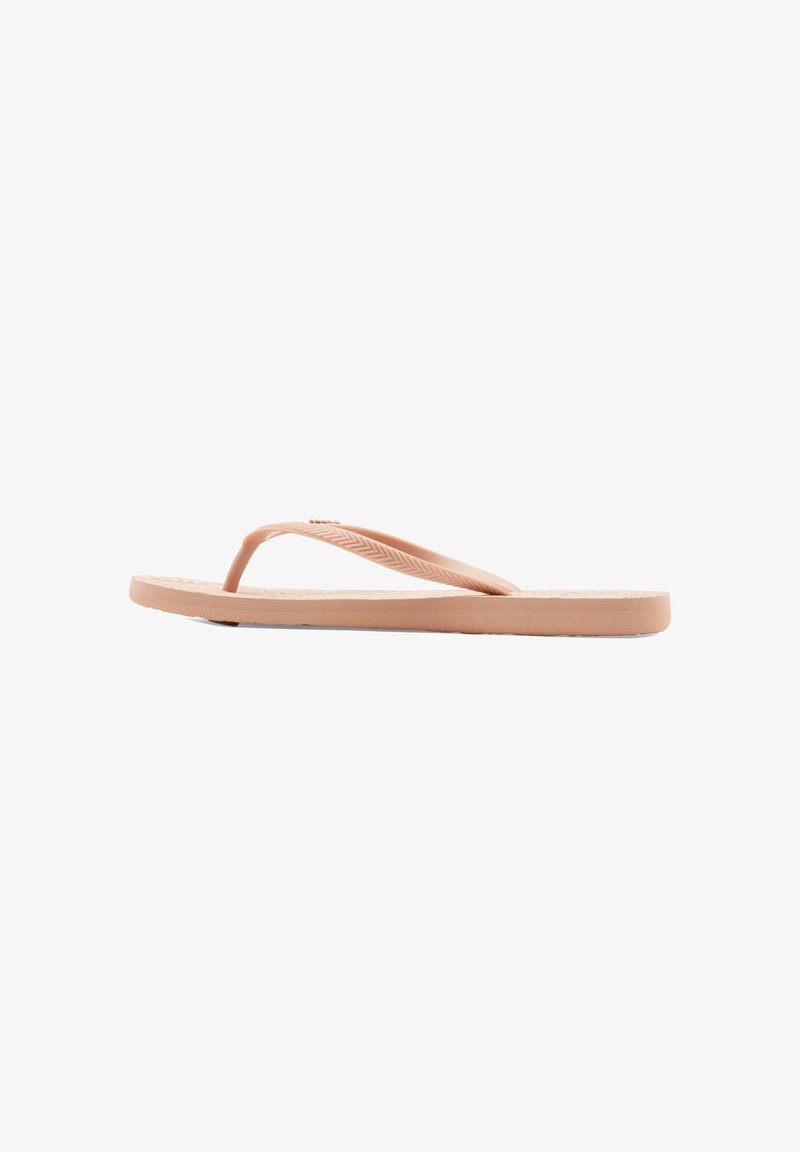 Single light brown rubber flip-flop sandal with textured sole and chevron-patterned straps on a white background.