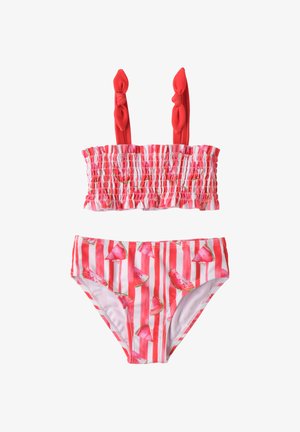 Mädchen-Badeanzug zweiteilig mit roten und weißen vertikalen Streifen, Wassermelonenmuster, gerafftem Bandeau-Top mit gebundenen Schulterträgern und Slip.