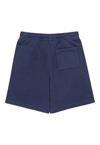 Shorts décontractés bleu marine avec une ceinture élastique et une seule poche carrée à l'arrière côté droit.