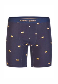 Námořnické boxerky s malými oranžovými vzory ovoce, vyznačující se pohodlným pasem označeným "ŠŤASTNÉ ŠORTKY" a přiléhavým střihem.
