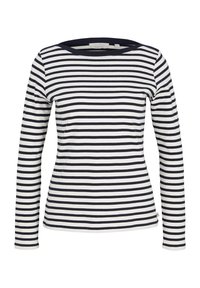 Camicia a maniche lunghe a righe blu navy e bianche. Presenta un collo a barca, un tessuto morbido e righe orizzontali uniformi su tutta la stoffa.