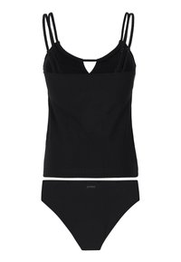 Zwarte tweedelige badpak van een textuurstof. De top heeft dunne bandjes en een sleutelgatontwerp; de onderkant is een klassieke bikini-stijl.