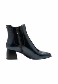 Bottines noires avec une finition brillante, dotées d'un bout pointu, d'une fermeture éclair sur le côté, et d'un talon bloc de hauteur intermédiaire. Texture lisse dans l'ensemble.