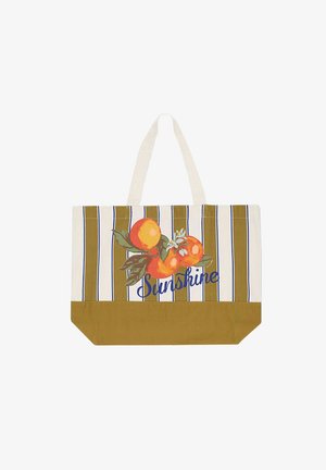 Canvas tote bag with orange fruit graphic, "Sunshine" text, vertical striped pattern in white and blue, and a tan bottom panel.