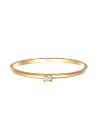 Guld ring med en glat skæbne, prydet med en central diamant holdt af fire små guldprikker. Stemplet med et 585 stempel for guldrenhed.