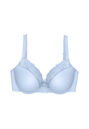 Világoskék melltartó formázott pántokkal, sima anyagból, csipke díszítéssel a felső részen és állítható pántokkal. Köz�épen díszes masnival rendelkezik.