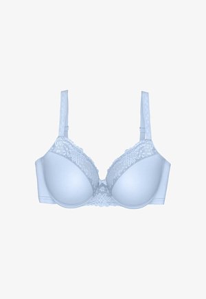 Sutien de culoare albastru deschis cu cupe moldate, material elegant, accente din dantelă în partea superioară și bretele ajustabile. Prezentază un fundiță decorativă în centrul sutienului.