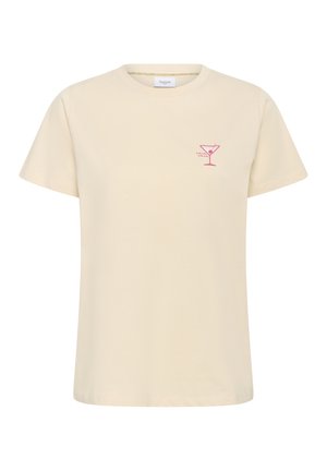 Svetlo béžové bavlnené tričko s grafickým vyobrazením ružového koktailového pohára na ľavej strane hrudníka a okrúhlym výstrihom s krátkymi rukávmi.