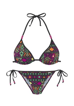 Schwarzer Bikini mit lebendigen mehrfarbigen geometrischen und floralen Mustern, Dreieck-Top mit Neckholder-Bindebändern und seitlich gebundenem Slip mit pinkfarbenen Perlenakzenten.