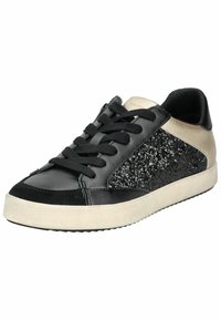 Sneaker in pelle nera con un pannello laterale glitterato, suola color crema, finitura liscia e lacci neri. Presenta dettagli dorati sul tallone.