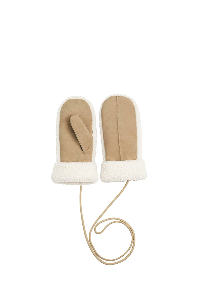 Puha, bézs színű suede-ből készült kesztyűk fehér műszőrme mandzsettával. Kábellel ellátva a csatlakoztatáshoz. Az egyik kesztyű ujjal is rendelkezik.