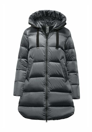 Gevoerd parka jasje in donkergrijs met een capuchon, voorkant met ritssluiting en een horizontaal geborduurd ontwerp. Beschikt over verstelbare trekkoorden en een langere zoom.