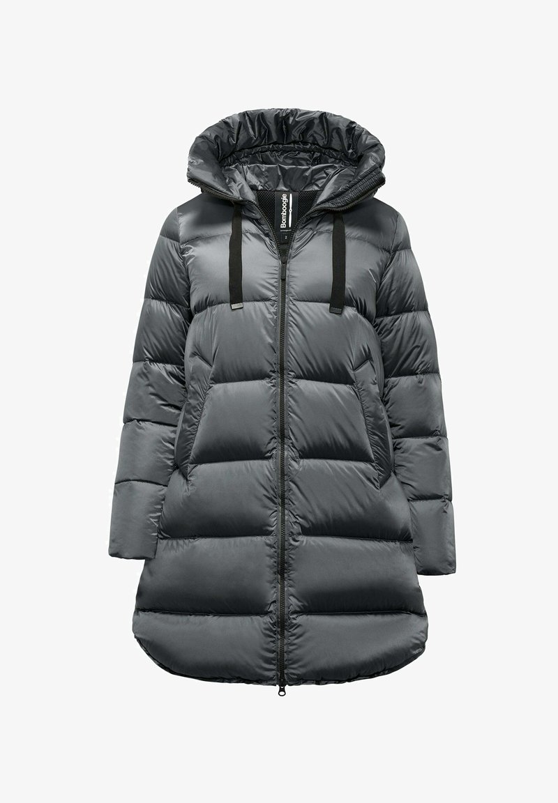 Giacca parka imbottita di colore grigio scuro con cappuccio, chiusura frontale con zip e design a righe orizzontali. Presenta lacci regolabili e un orlo più lungo.