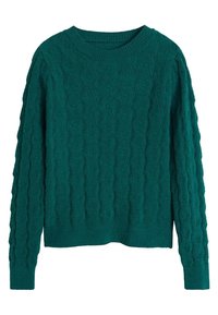 Pull tricoté bleu sarcelle foncé avec un motif texturé en losanges, manches longues et encolure ronde. Tissu doux de poids moyen.