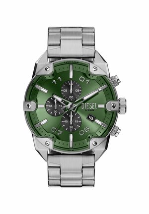 Herrenuhr Diesel Chronograph mit grünem Zifferblatt, drei schwarzen Unterzifferblättern, silbernen Markierungen, Datumsanzeige und Edelstahlarmband.