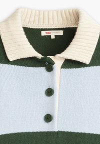 Poloshirt met groene, lichtblauwe en crèmekleurige strepen. Geribbelde kraag, drie groene knopen en een stoffen label bij de hals.