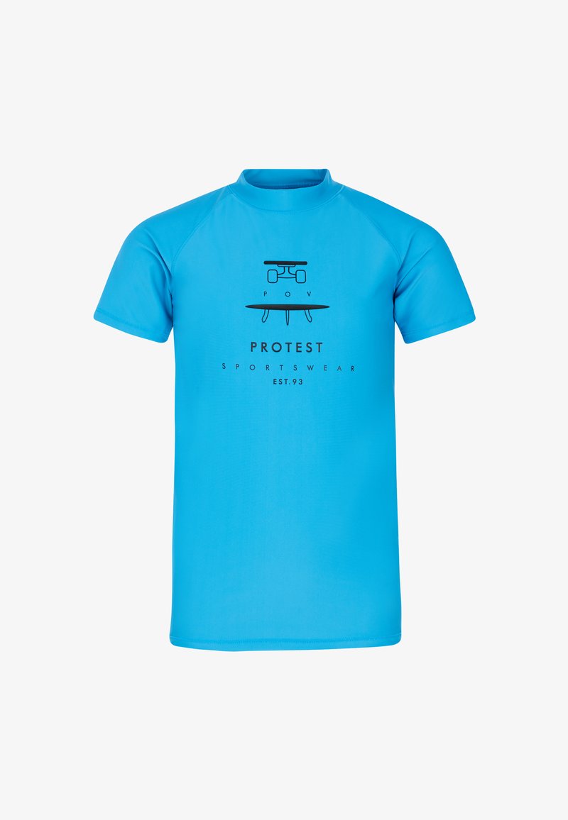 Lichtblauwe sportshirt met korte mouwen, gemaakt van een soepele stof. Heeft een ronde halslijn en een zwart bedrukt logo en tekst aan de voorkant.