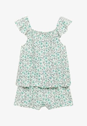 Top fără mâneci cu model floral, având manșete volan, în culori verde deschis și alb. Include pantaloni scurți asortați.
