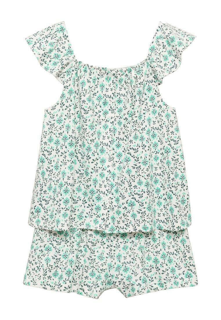 Top senza maniche con motivo floreale e maniche a frufru, in tonalità di verde chiaro e bianco. Include pantaloni corti abbinati.