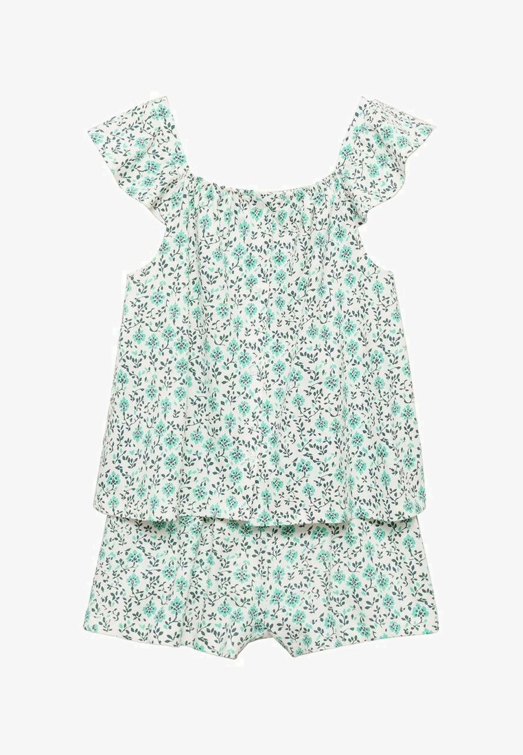 Top brez rokavov s cvetličnim vzorcem in naborki na rokavih, v svetlo zeleni in beli barvi. V kompletu so kratke hlače.