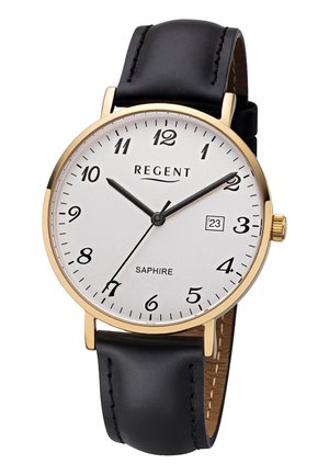 Montre-bracelet classique Regent avec boîtier en or, cadran blanc, chiffres arabes noirs, fenêtre de date à 3 heures et bracelet en cuir noir, indiquant 10h09min36s.