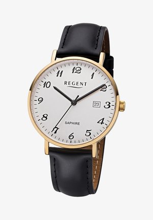 Montre-bracelet classique Regent avec boîtier en or, cadran blanc, chiffres arabes noirs, fenêtre de date à 3 heures et bracelet en cuir noir, indiquant 10h09min36s.