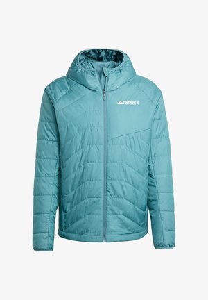 Teal insulated jacket with a quilted design, hood, full zipper, and logo on the chest. Features angled seams and a smooth texture.