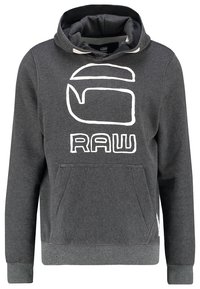 Felpa grigia con cappuccio e un grande logo bianco con la scritta "RAW". Presenta una tasca frontale e polsini e orlo a coste. Tessuto morbido e strutturato.