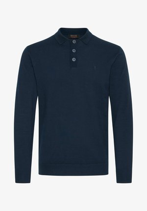 Navy blauw poloshirt met lange mouwen van katoen, voorzien van een drieknopenplacket, ribgebreide manchetten en een klein logo-detail op de borst.