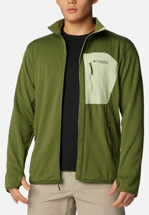 Giacca verde con zip realizzata in tessuto texturizzato, dotata di una tasca sul petto verde chiaro, due tasche laterali e un design con collo alto.