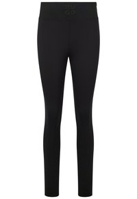 Leggings noirs avec une large ceinture texturée. Fabriqués en matériau extensible, ils ont une finition lisse et une silhouette ajustée.