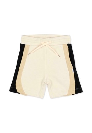 Pantaloncini casual per bambini con pannello frontale color crema, strisce laterali beige e lati esterni neri, dotati di vita elasticizzata con coulisse.