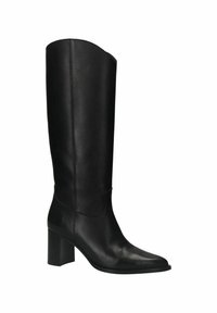 Black leather knee-high boot with a square toe, block heel, smooth texture, and simple stitching detail. Elegant and structured design.