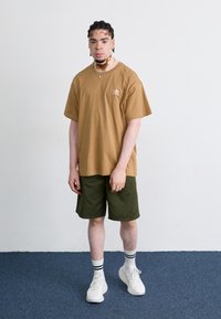 Un tricou din bumbac maro cu un mic logo alb, asociat cu pantaloni scurți verzi, adidași albi și șosete cu dungi. Stând pe un covor albastru.