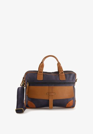 Laptoptaske med en navy farvet stofoverflade og brune læderdetaljer, dobbelte håndtag, en aftagelig rem og en frontlomme med lynlås.