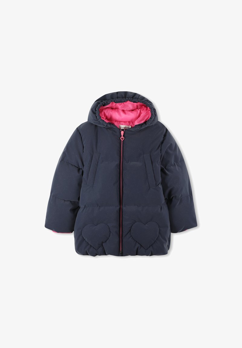 Jūrinė pūkinė striukė su rožine kepurės pamušalu ir širdies formos akcentais ant kišenių. Yra priekinis užtrauktukas ir elastingos rankogaliai.