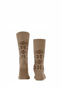 Chaussettes à motifs bruns avec une bordure côtelée et des designs géométriques dans des nuances de beige et de marron foncé, fabriquées à partir d'un matériau textile doux.