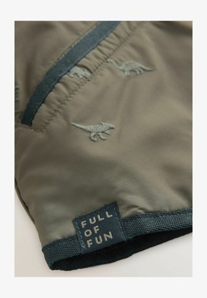 Jachetă verde oliv cu modele brodate de dinozauri, dotată cu fermoar, decolteu strâns și o etichetă din material care spune "PLIN DE DISTRAȚIE."