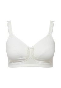 Soutien-gorge blanc avec des bretelles ajustables, bordure en dentelle, tissu doux, finition lisse, et un nœud décoratif au centre. Design sans armatures.